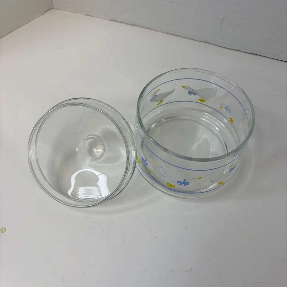 Vtg Clear Glass Goose Canister Blue Bow Farmhouse Storage Jar 5in Cottagecore